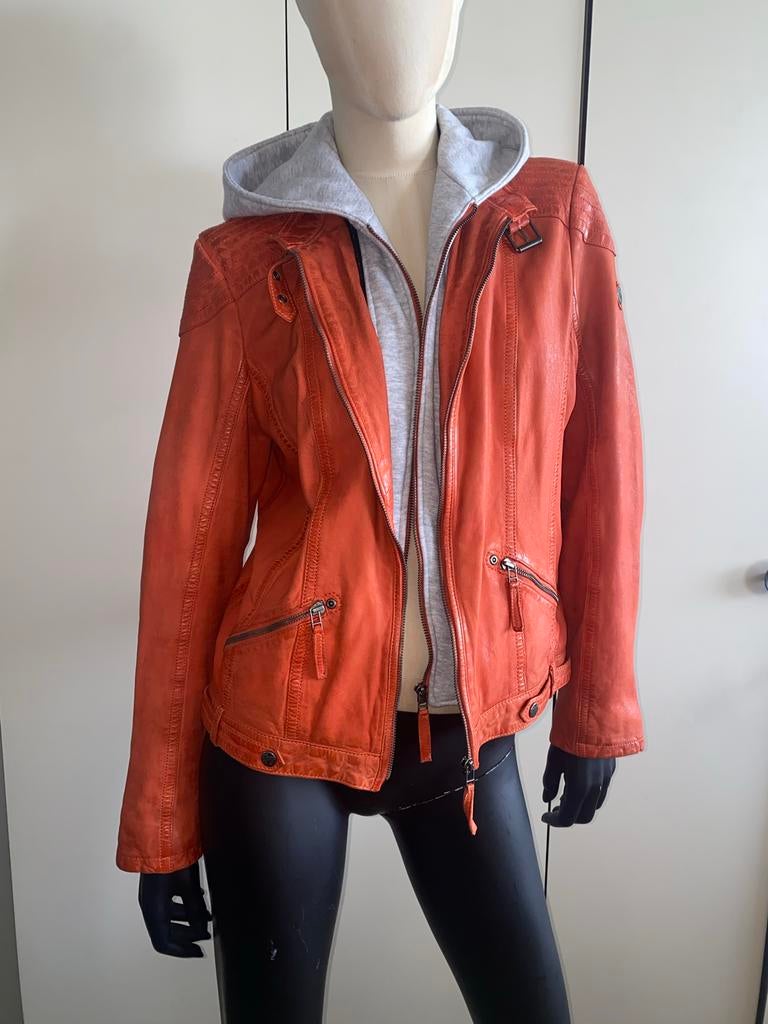 Gipsy Leren Jas met Afneembare Capuchon - Oranje XXL valt 40, Kleding | Dames, Ophalen of Verzenden, Zo goed als nieuw, Maat 42/44 (L)