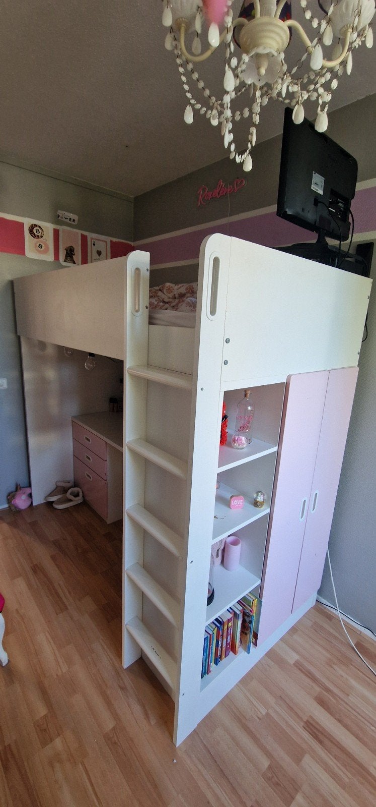 Ikea Hoogslaper met Kast, Bureau en Lades - Wit/Roze, Ophalen, Gebruikt, Hoogslaper, Eenpersoons