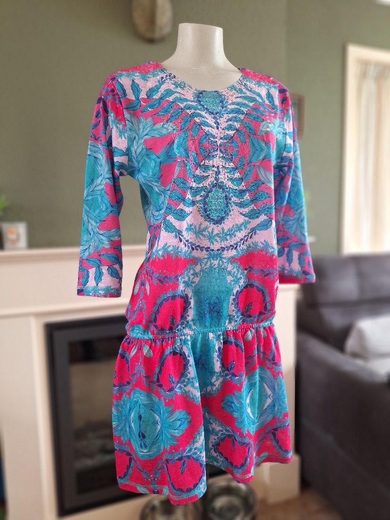 Custo jurk mooie turquoise roze mt 6 44 XL, Kleding | Dames, Custo, Maat 42/44 (L), Zo goed als nieuw, Knielengte