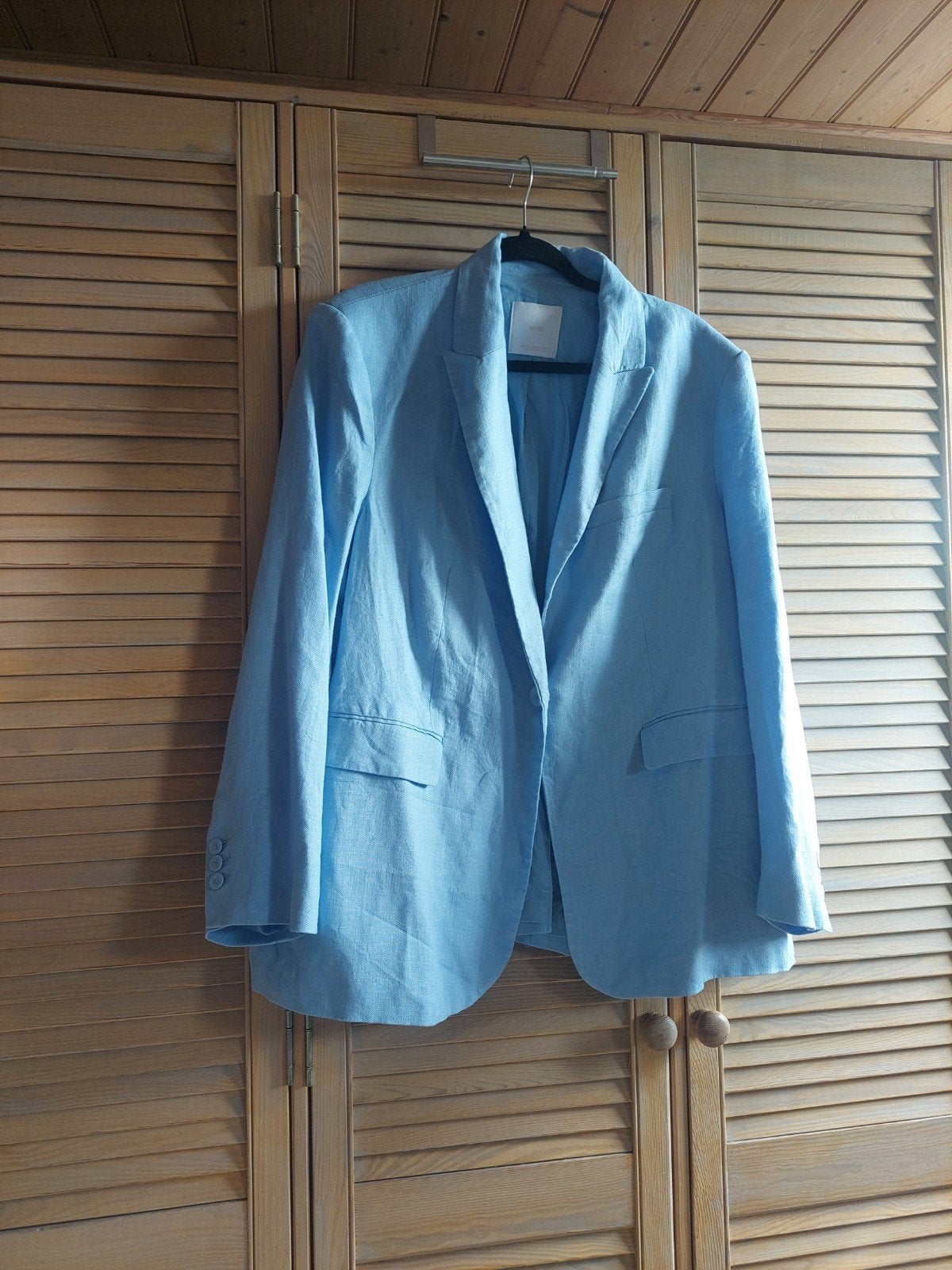 MANGO linnen blazer lichtblauw 52 zgan mt 52, MANGO, Verzenden, Zo goed als nieuw, Blauw