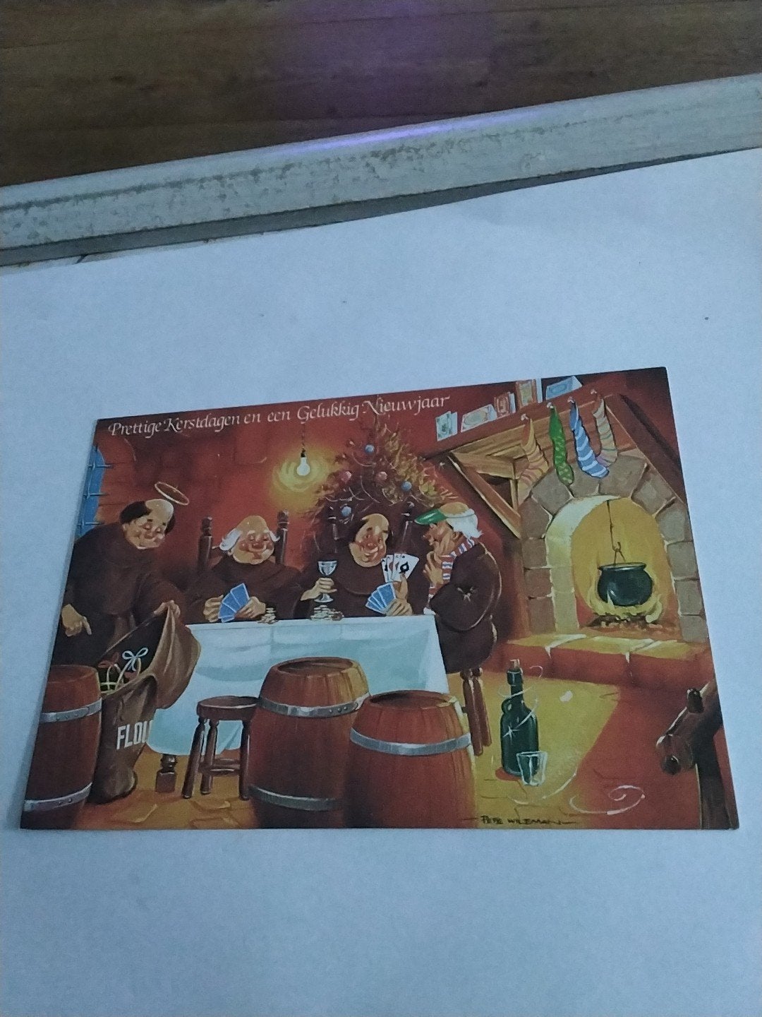 Vintage Kerstkaart Monniken Kaartspel 'Prettige Kerstdagen', Ophalen of Verzenden, 1960 tot 1980, Gelopen