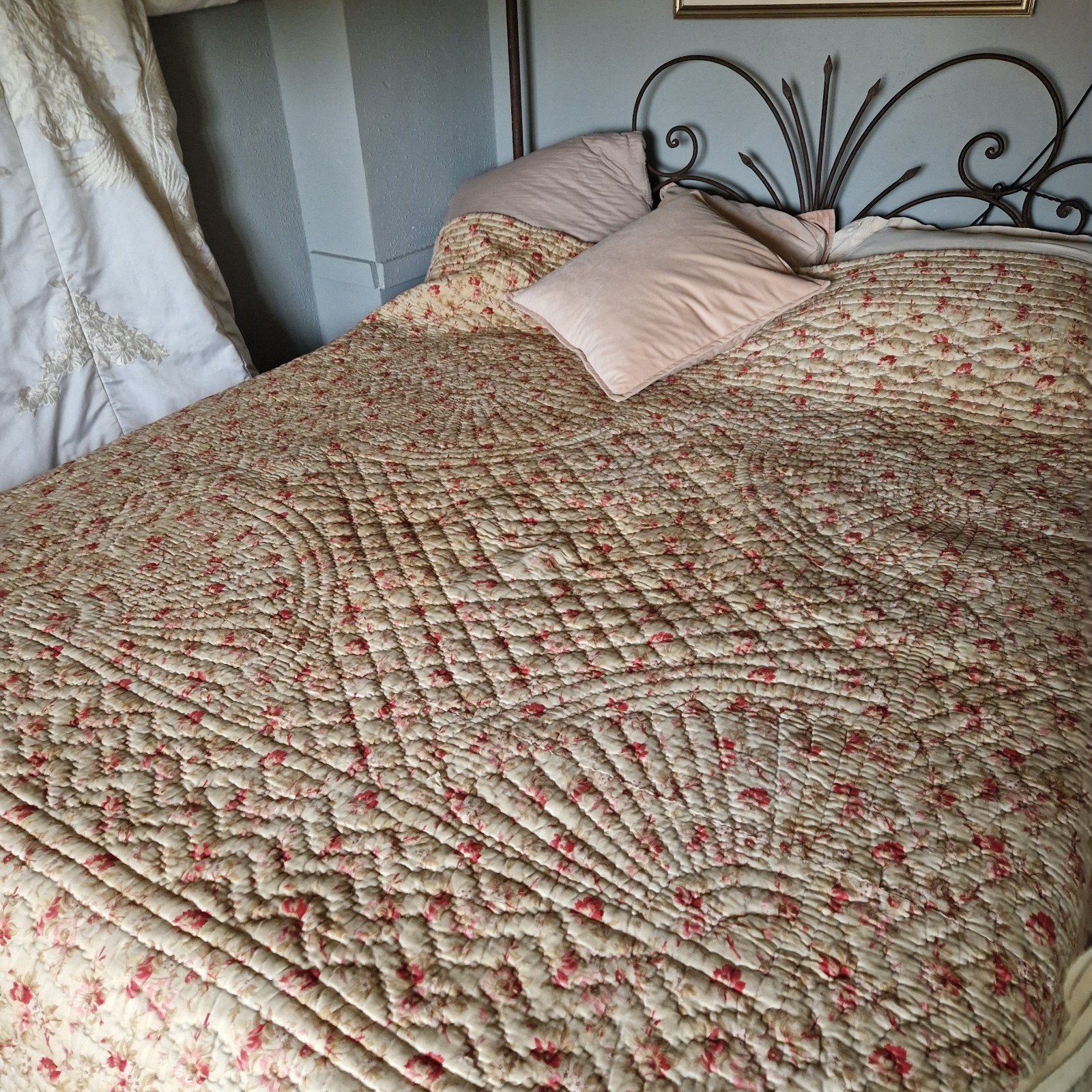 brocante oude franse boutis bedsprei gewatteerd, Ophalen, Gebruikt, Eenpersoons, Kussen