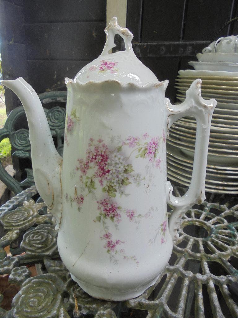 Brussels Porselein Koffiepot + Roomstel roze en witte bloem, Antiek en Kunst, Ophalen of Verzenden