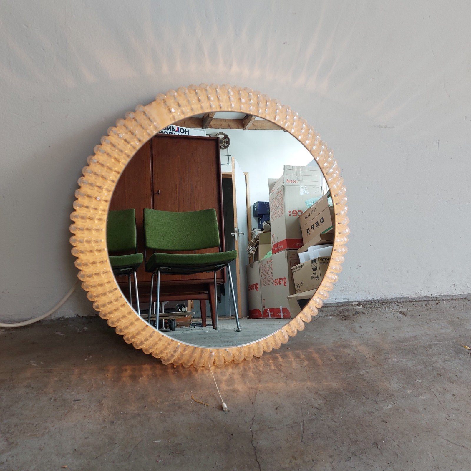 Vintage Schöninger spiegel met (achtergrond) verlichting, Huis en Inrichting, Woonaccessoires | Spiegels, Ophalen, Gebruikt, Onbekend