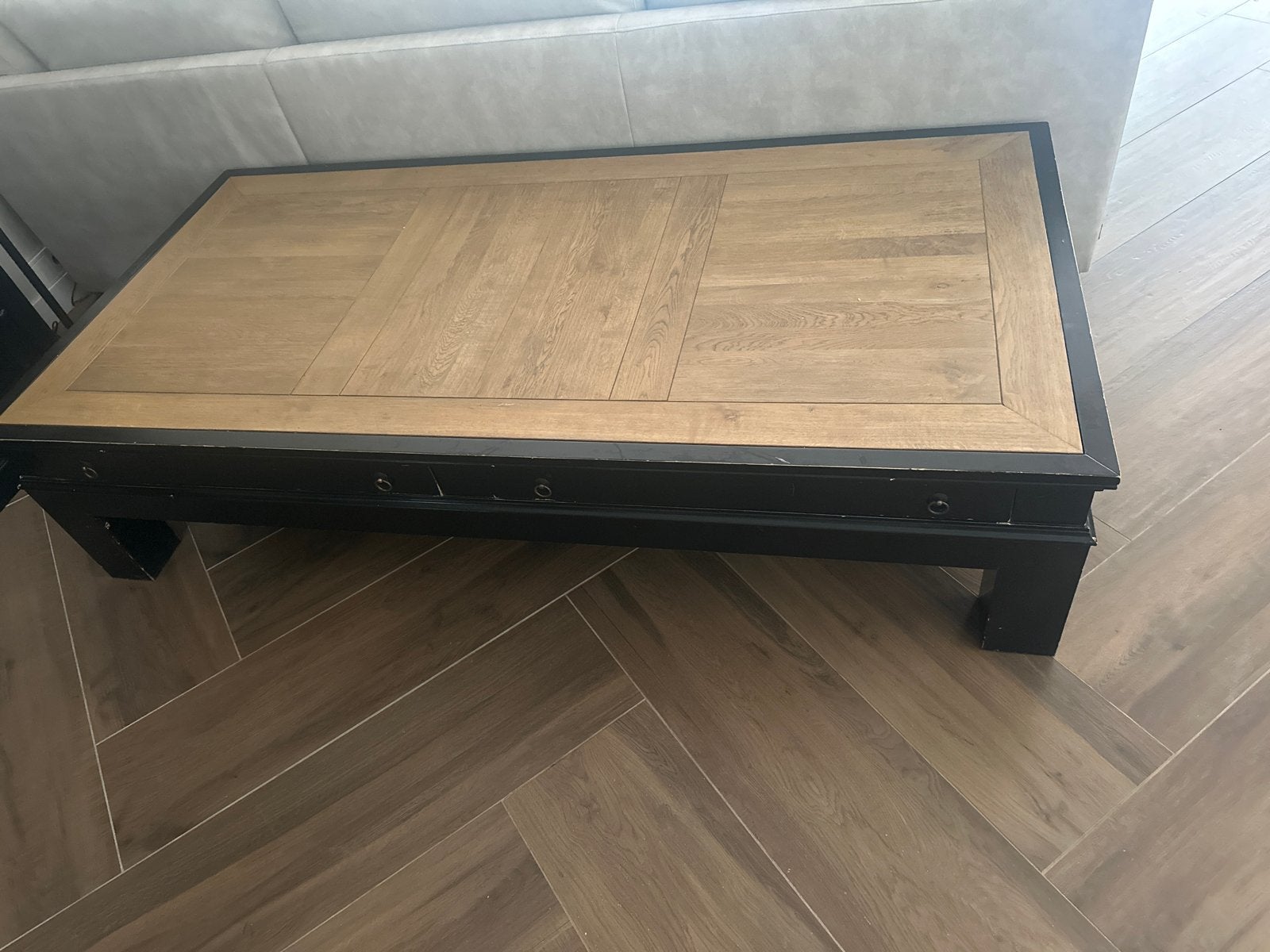 Salontafel met lades - Zwart met houtkleurig blad, Ophalen, 50 – 75, Gebruikt, 200 cm of meer