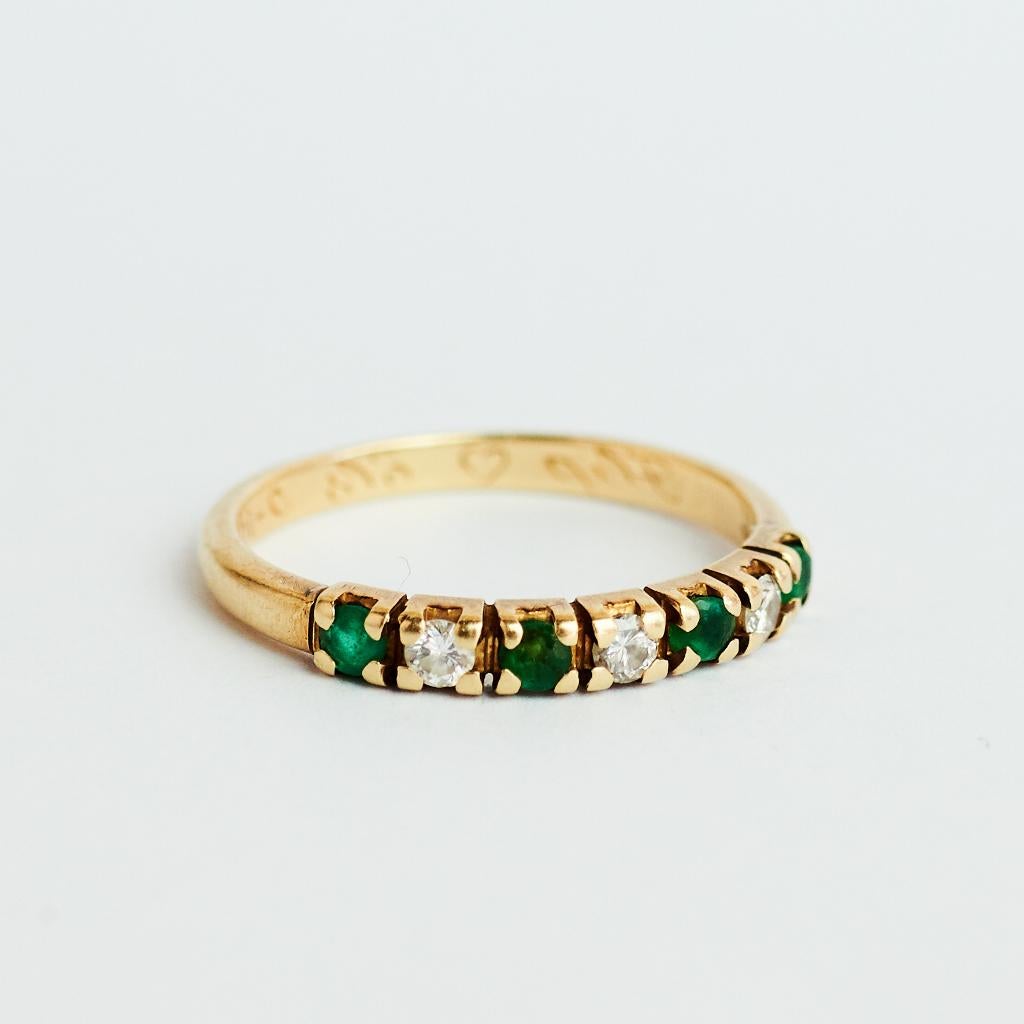 Vintage jaren 90 gouden ring smaragd diamant rijring antiek, Ophalen of Verzenden, Zo goed als nieuw, 17 tot 18, Met edelsteen