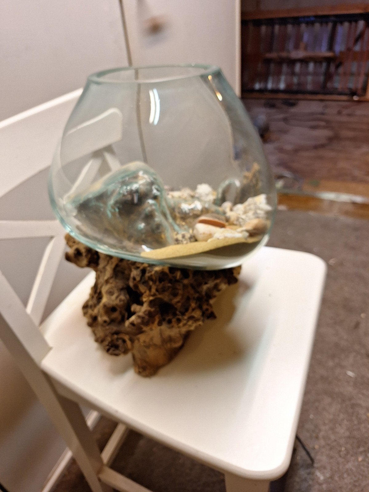 Unieke glazen schaal op drijfhout - Decoratief stuk, Meerkleurig, Ophalen of Verzenden, Glas, Landelijk
