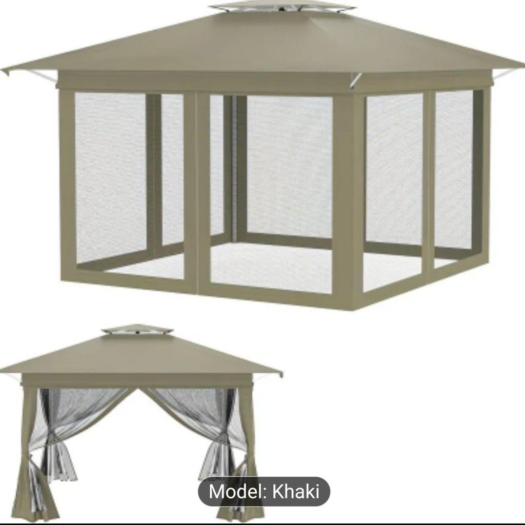 Luxe Paviljoen met Muskietennet - Khaki/Antraciet, Tuin en Terras, Partytenten, Opvouwbaar, Minder dan 4 meter, Nieuw, Paviljoen