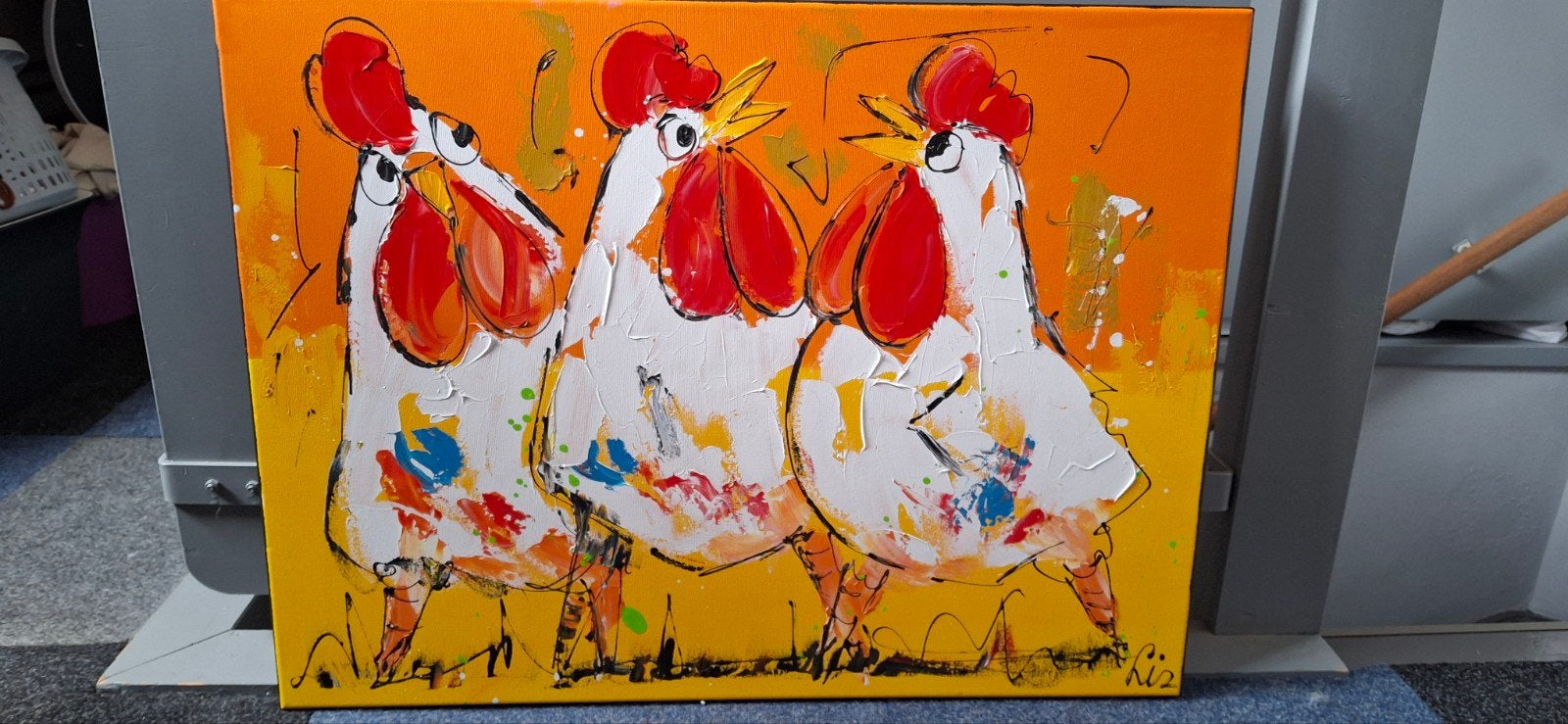 Origineel 3 kippen schilderij Corrie Leushuis 60 bij 80, Acrylverf, Ophalen of Verzenden, Dieren, Op houten frame