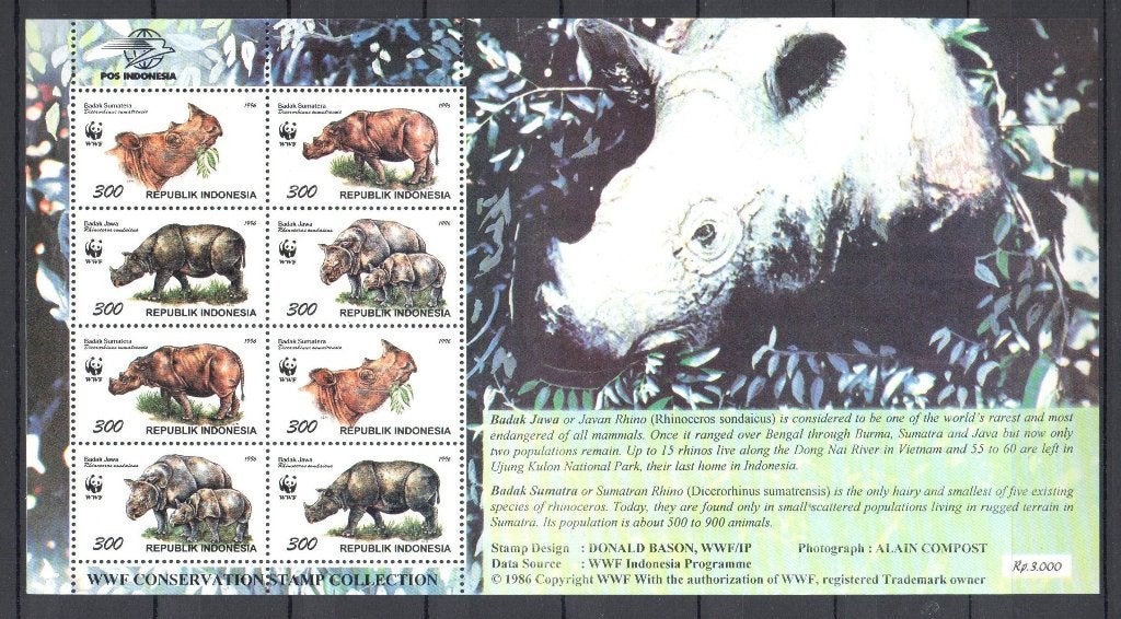 WWF postzegelvel van de Javaanse en Sumatraase Neushoorn, Ophalen of Verzenden, Postfris, Dier of Natuur
