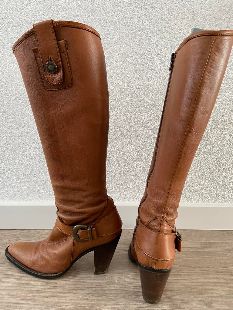 Hoge cognackleurige leren laarzen, Kleding | Dames, Schoenen, Hoge laarzen, Bruin, Ophalen of Verzenden, Gedragen