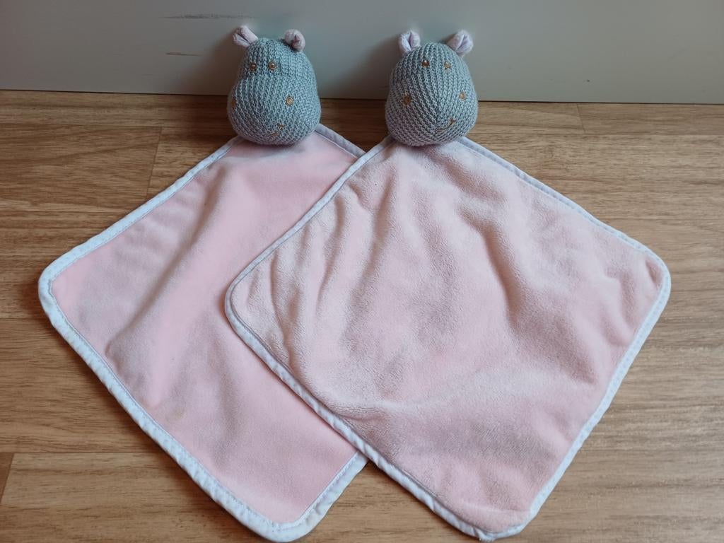 Blokker doekje knuffeldoekje nijlpaard roze grijs gehaakt, Ophalen of Verzenden, Overige typen