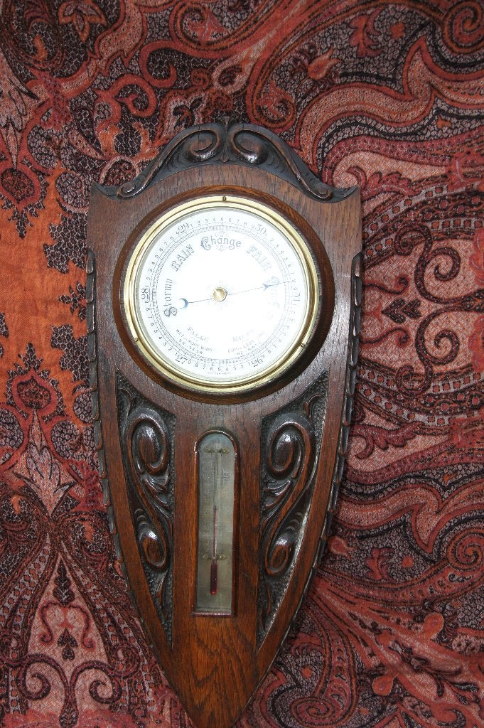 Antieke Barometer met Thermometer - Houtsnijwerk, Ophalen of Verzenden