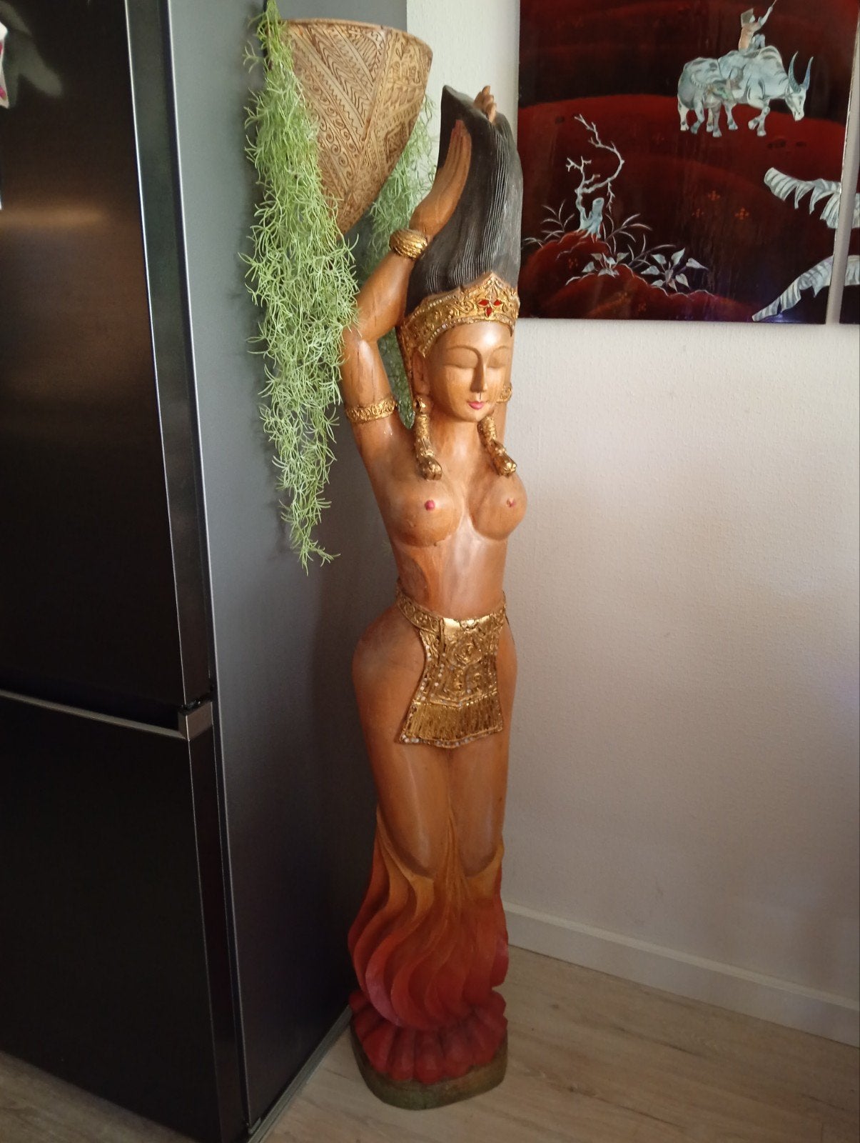 Houten vuurgodin Vrouw Beeld - Handgesneden Decoratie, Ophalen, 1 meter - 2 meter, Beeld, Hout