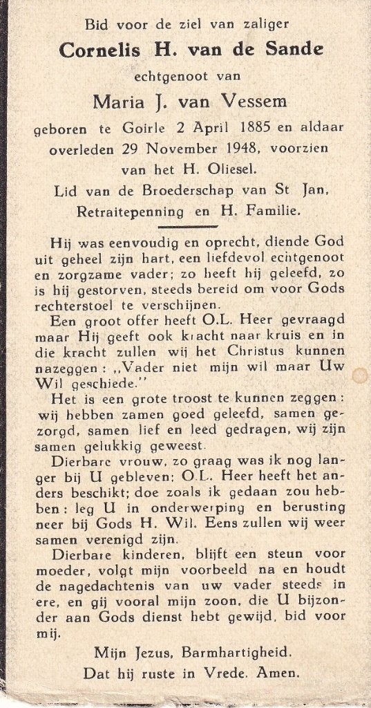 Sande Cornelis 1885 Goirle 1948, Ophalen of Verzenden, Bidprentje