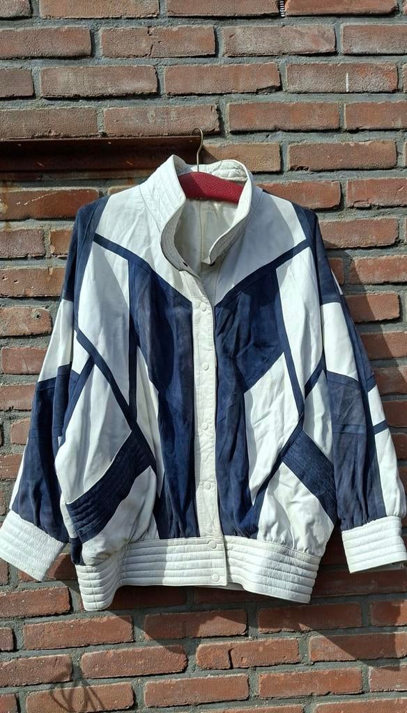 Vintage '80 YSL yves-saint-laurent, blauw/wit leren jas xl, YVES SAINT LAURENT, Wit, Maat 42/44 (L), Ophalen of Verzenden