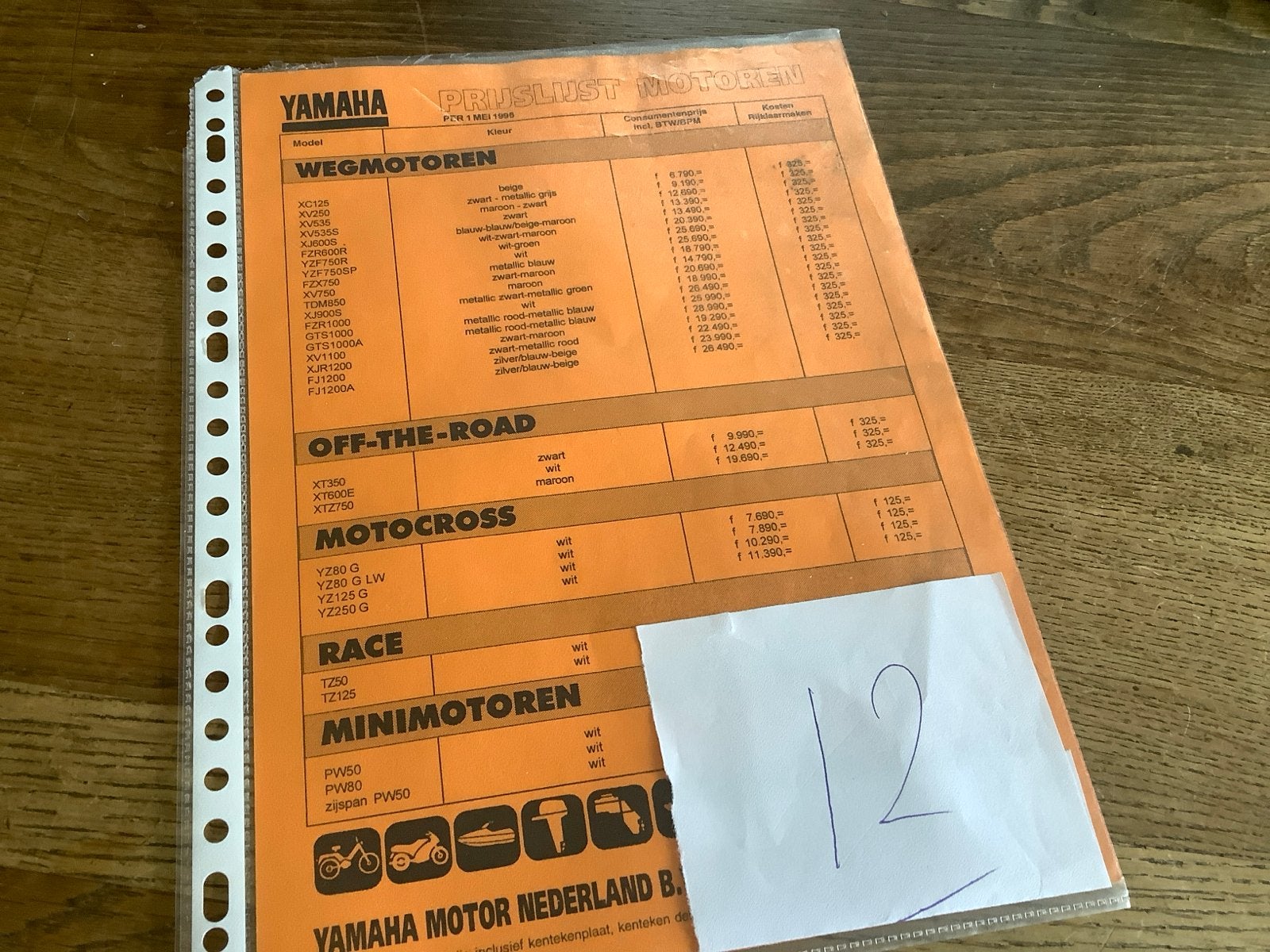 Yamaha Prijslijst Motoren - Mei 1995.      (12), Verzenden, Yamaha