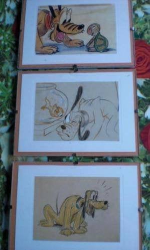PLUTO POOH DONALD EN KATRIEN * 6 Repro's in Lijst *, Verzenden, Goofy of Pluto, Zo goed als nieuw, Beeldje of Figuurtje