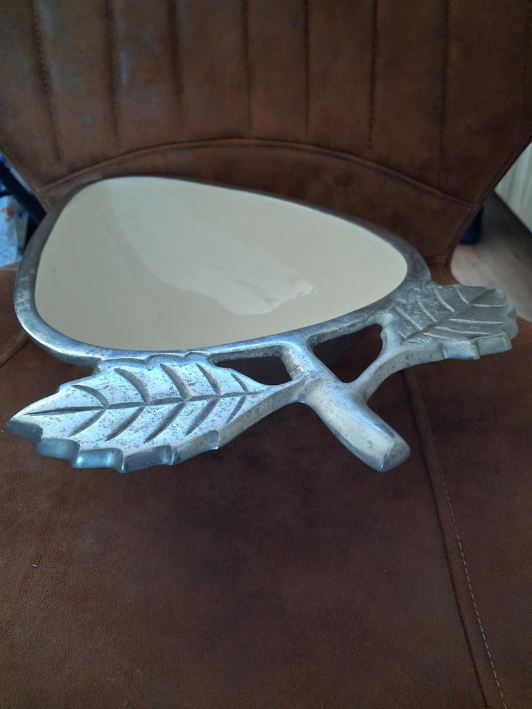 Fruitschaal Eikel-Design • Zilver Aluminium & Emaille • 39cm, Ophalen of Verzenden