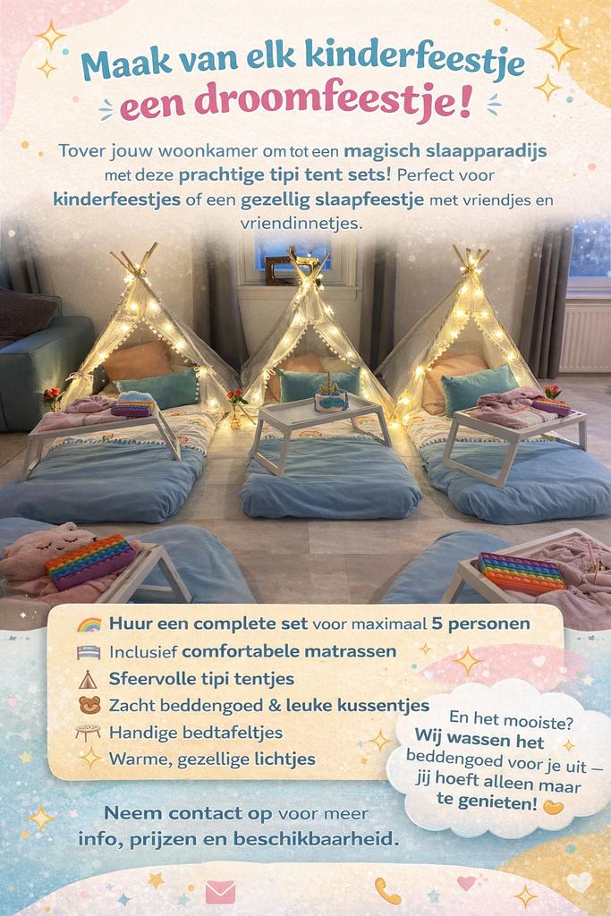 Kinderfeest of slaapfeestje? Te huur tipi tentjes, Hobby en Vrije tijd, Feestartikelen | Verhuur, Ophalen of Verzenden, Nieuw