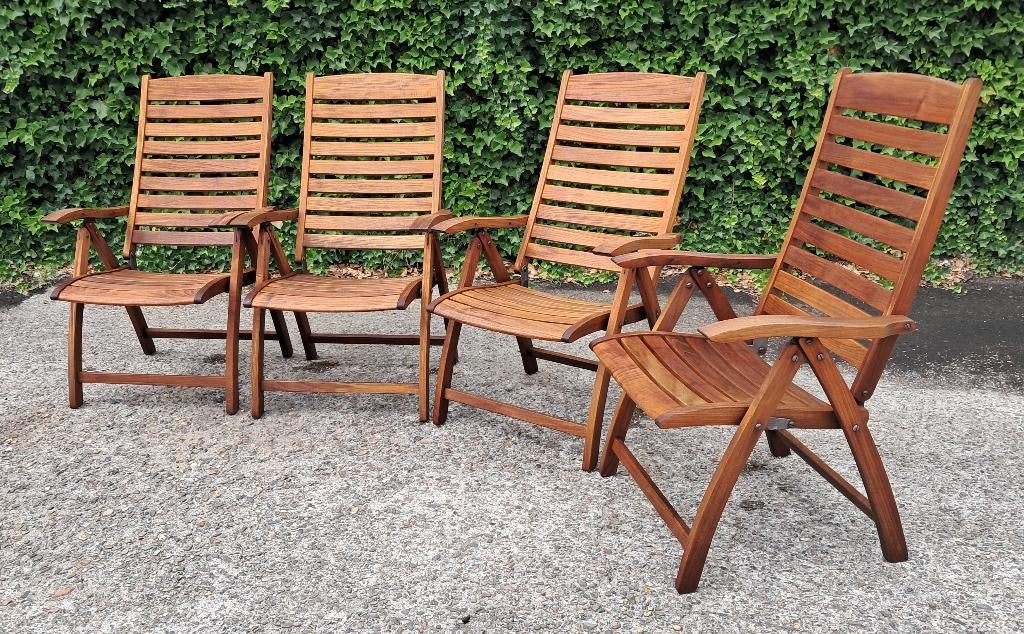 4 Royal Botania teakhouten standenstoelen, inklapbaar, Ophalen, Gebruikt, Teakhout, Verstelbaar