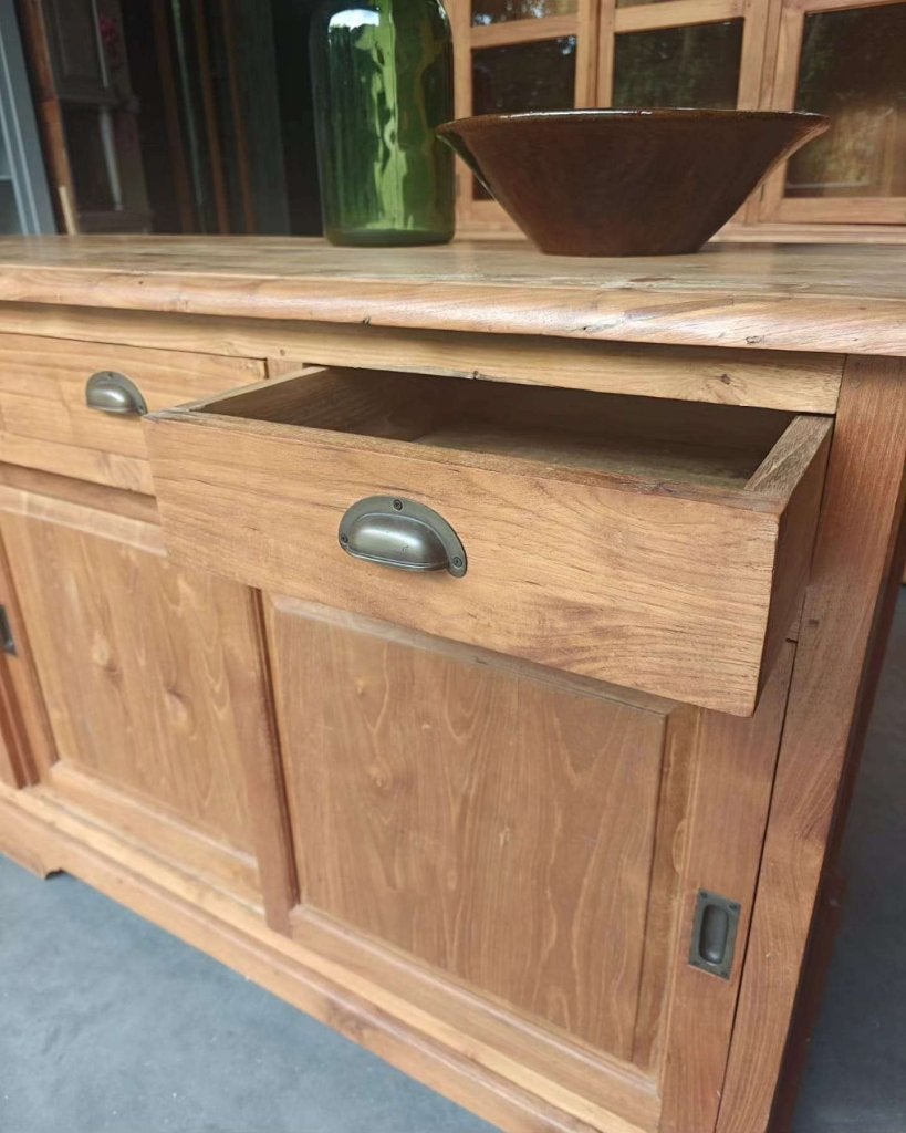 Prachtig teakhouten dressoir | Massief teak, Groot! #6007, Huis en Inrichting, Kasten | Dressoirs, Glas, Gebruikt, Met deur(en)