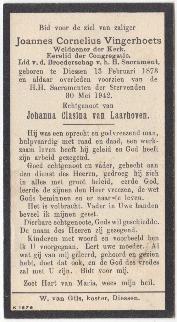 Joannes C. Vingerhoets 1873 Diessen + 1942 Diessen, 69 jaar, Ophalen of Verzenden