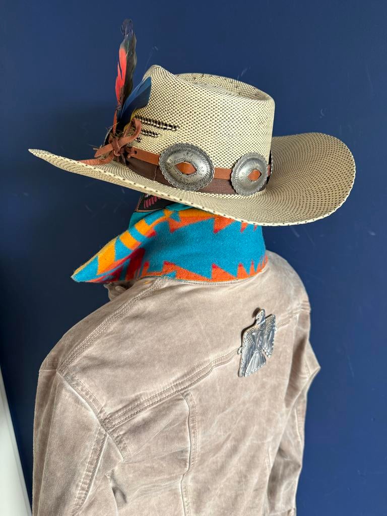 Stoer lichtbruin jeans jack met Navajo thunderbird details, Kleding | Dames, Ophalen of Verzenden, Gedragen, Maat 42/44 (L), Bruin
