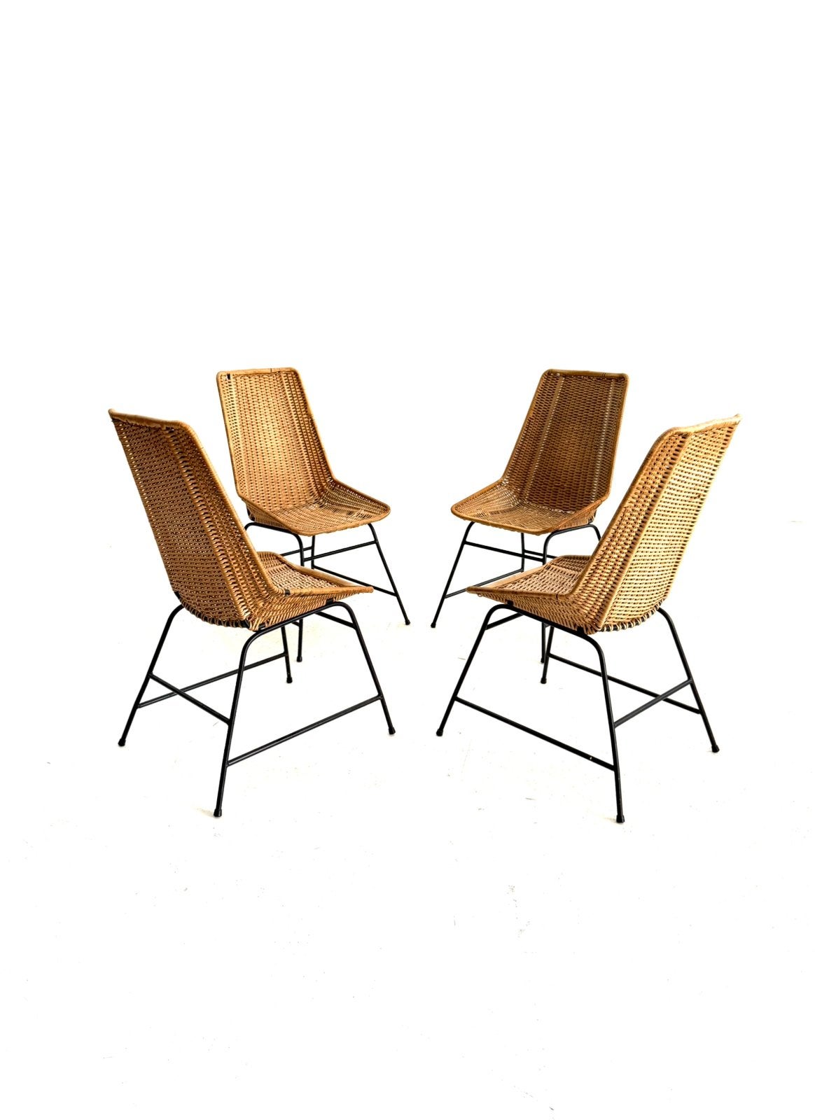 Set van 4 vintage rotan eetkamerstoelen, Italië ‘80, Huis en Inrichting, Gebruikt, Ophalen of Verzenden, Metaal, Vier