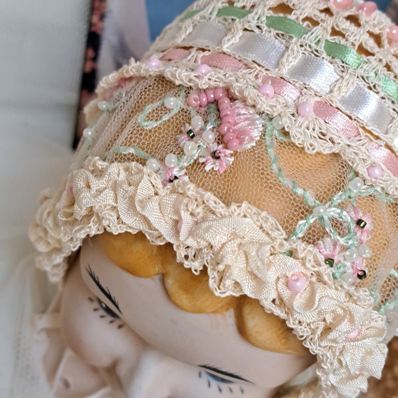 Hand gehaakt Katoen Brocante Poppen muts NIEUW, Ophalen of Verzenden