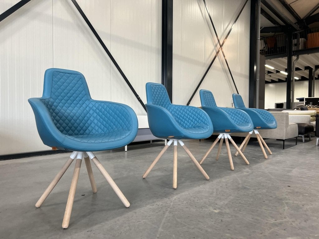 4 Showmodel Molinari Ginger draai stoelen blauw leer, JORI Rolf Benz Montis Leolux Jess Design Bert Plantagie, Blauw, Leer, Ophalen of Verzenden