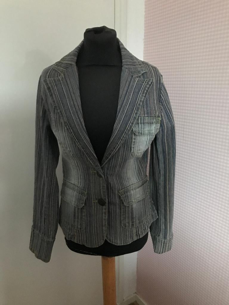 gestreept jeanslook jasje (Madonna), Maat 38/40 (M), Blauw, Ophalen of Verzenden, Zo goed als nieuw