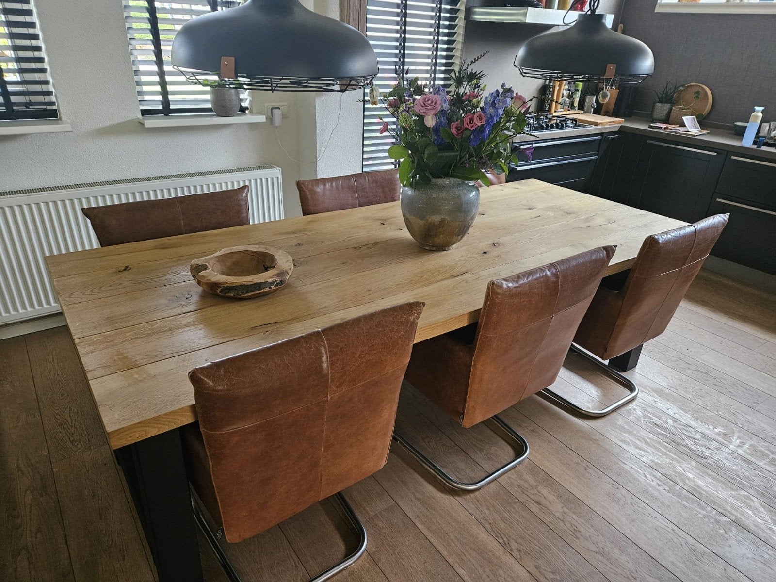 Jess Design Bruine/Cognac leren eetkamerstoelen, Huis en Inrichting, Ophalen, Gebruikt, Vijf, Zes of meer stoelen, Leer