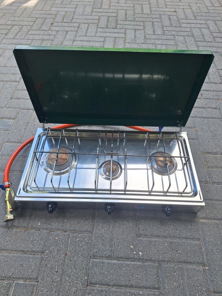 Camping gasfornuis 3-pits met gasslang, Ophalen of Verzenden, Gebruikt