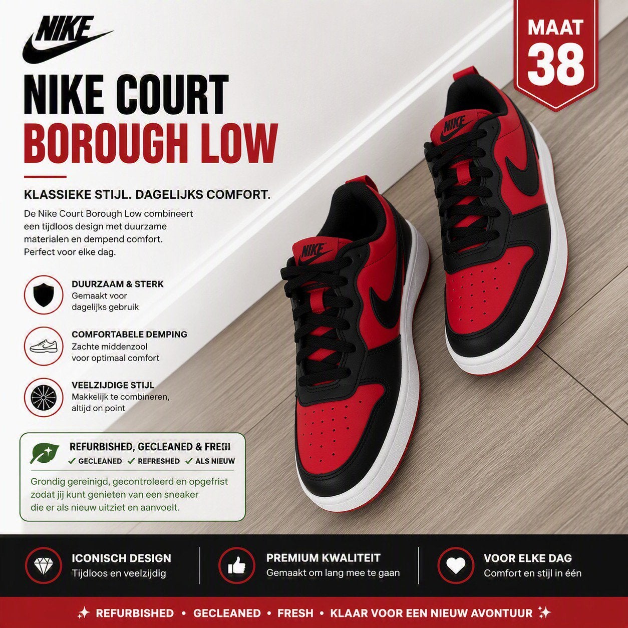 Nike Court Borough Low 2 sneakers rood/zwart - Maat 38, Kleding | Dames, Ophalen of Verzenden, Gedragen, Rood, Sneakers of Gympen