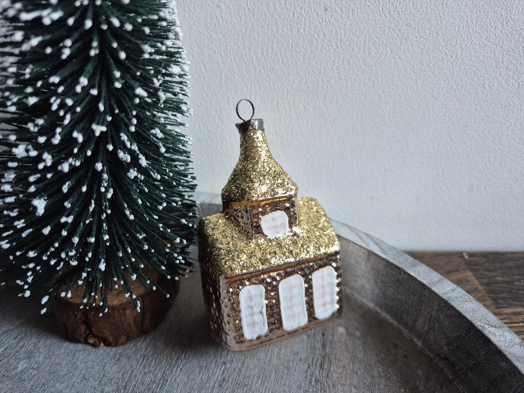 Vintage kerstbal kerkje goud 597, Diversen, Kerst, *, Gebruikt, *, Ophalen of Verzenden