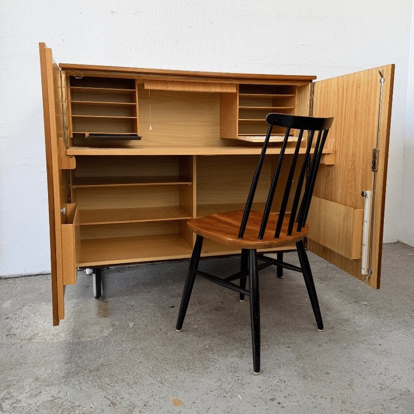 midcentury bureaukast / secretaire hout - met verlichting, Ophalen, Gebruikt, Midcentury, vintage, Onbekend