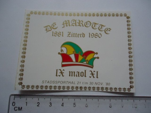 sticker 1980 Carnaval Sittard DE MAROTTE Zitterd retro, Verzenden, Zo goed als nieuw