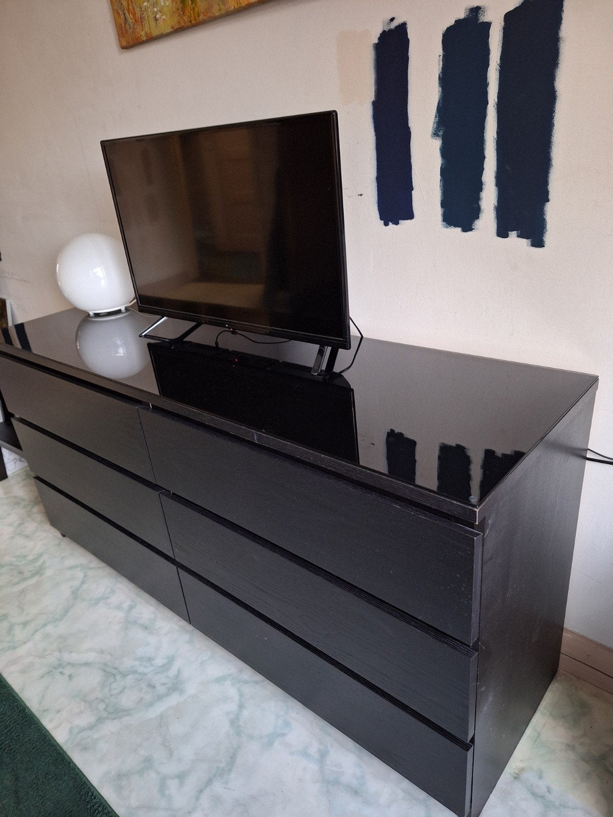 IKEA MALM ladekast met glazen plaat 6 lades zwart, Huis en Inrichting, Kasten | Ladekasten, Ophalen, Gebruikt, 100 tot 150 cm