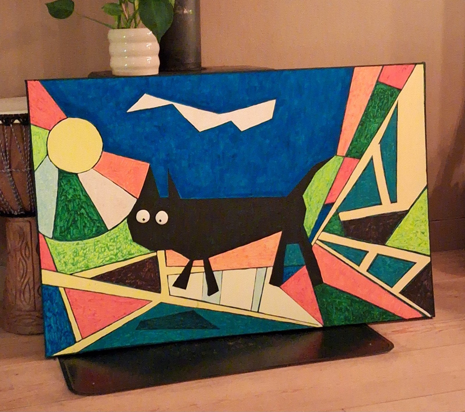 Abstract schilderij met zwarte kat en geometrische vormen, Antiek en Kunst, Ophalen, Acrylverf, Dieren, Handgeschilderd