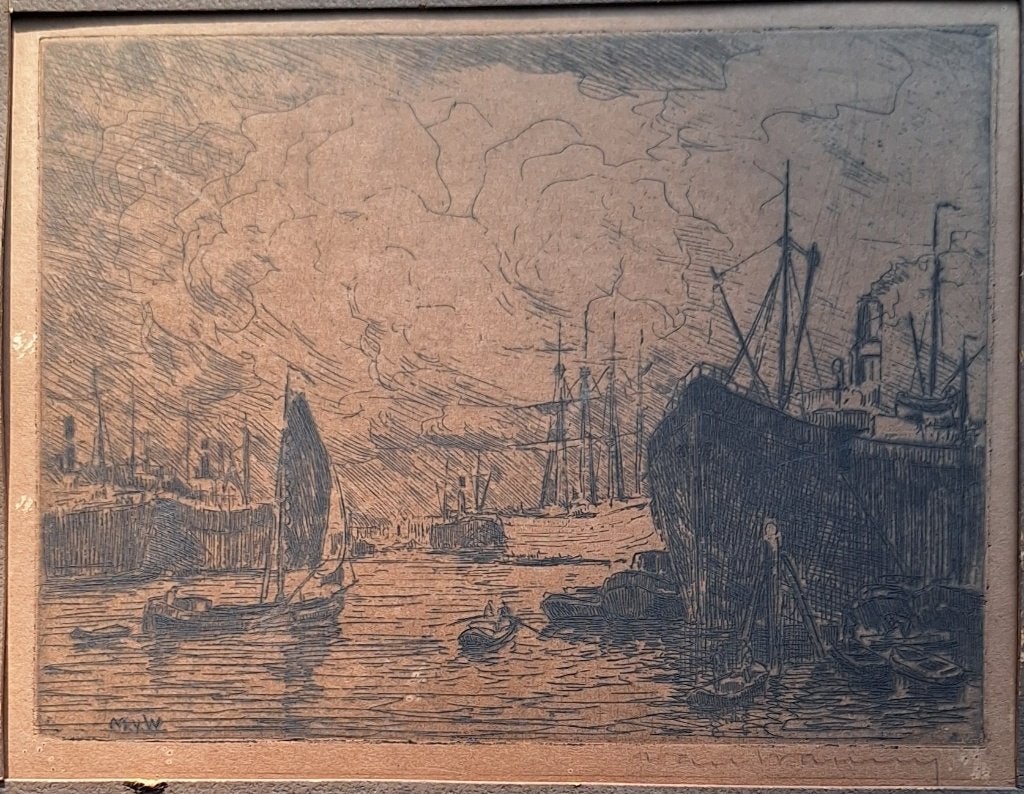 Ets, haven Rotterdam, Martin van Waning, Antiek en Kunst, Ets, Gesigneerd, Ophalen of Verzenden, 16 cm