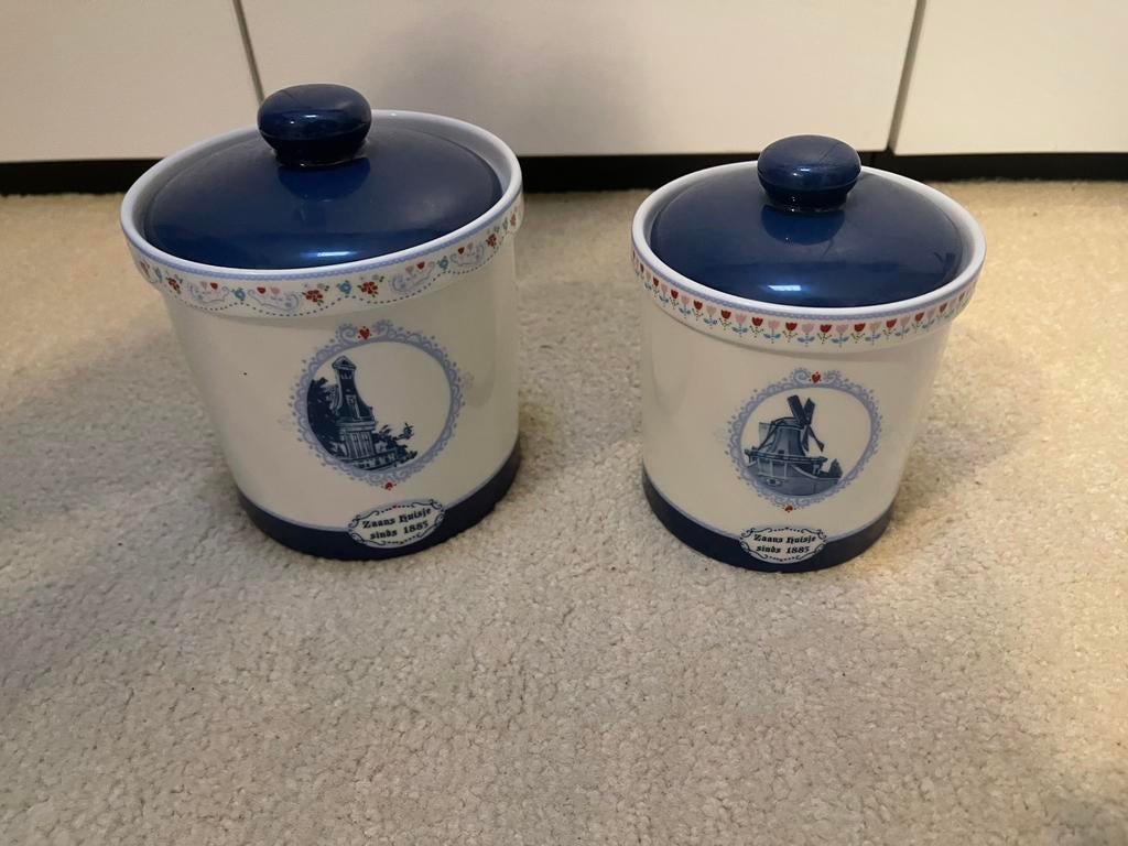 2 potten met afbeelding Zaanse huisjes, Ophalen of Verzenden, Gebruikt, Overige stijlen, Overige typen