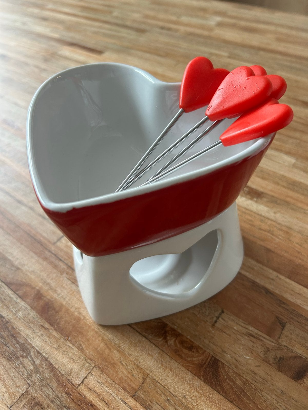 Hartvormige chocolade fondueset met vorkjes, Ophalen of Verzenden, Zo goed als nieuw, Waxinelicht, Fondueset