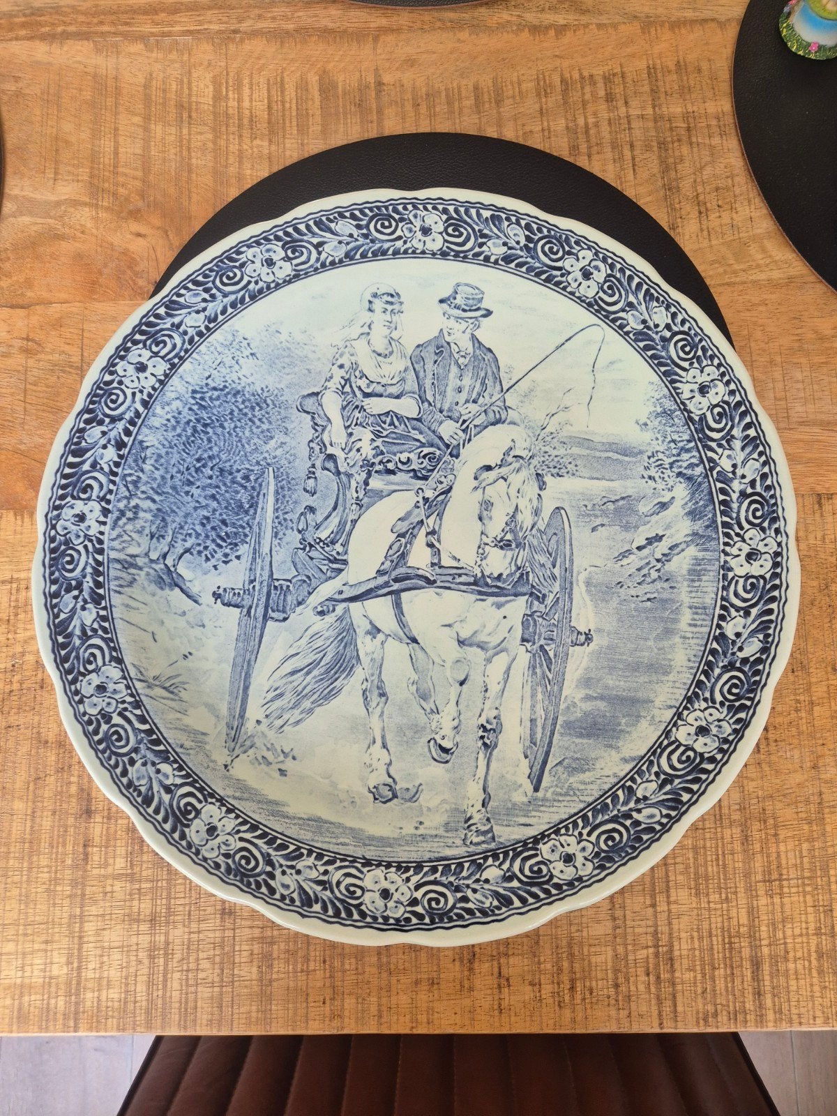 Grote Boch Delfts Blauw Wandbord - Paard 40cm en Koets, Ophalen of Verzenden