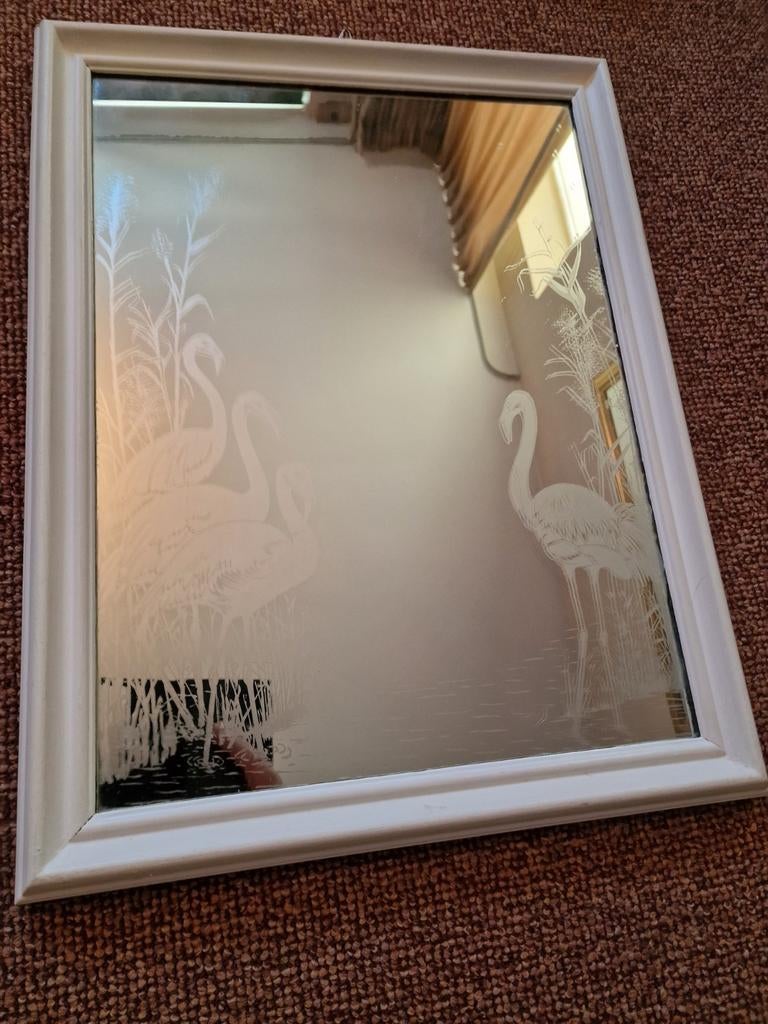 Oude spiegel Met gegraveerde flamingo's vogels, Ophalen of Verzenden, Rechthoekig, Minder dan 50 cm, Minder dan 100 cm