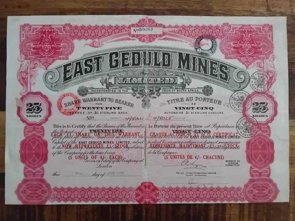 Aandeel Mijnbouw - East Geduld Mines - 1931, Postzegels en Munten, Aandelen en Waardepapieren, Ophalen of Verzenden, 1920 tot 1950