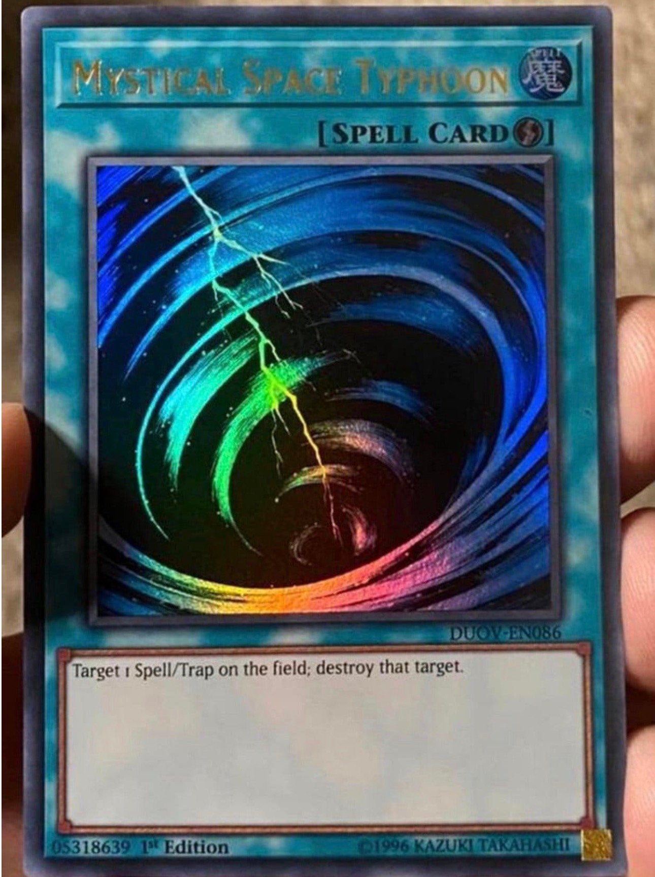 Yu-Gi-Oh! Mystical Space Typhoon DUOV 1st Edition !, Ophalen of Verzenden, Zo goed als nieuw, Losse kaart, Foil