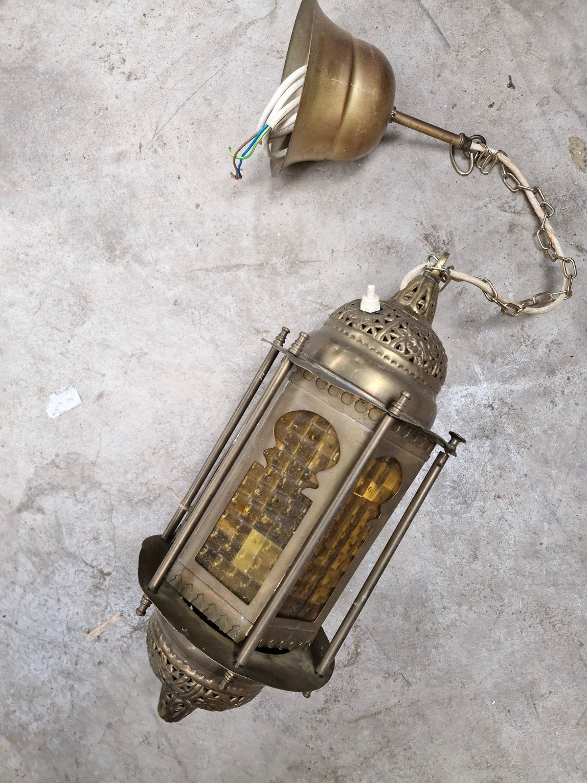 Oosterse hanglamp - Messing met amberkleurig glas, Ophalen of Verzenden