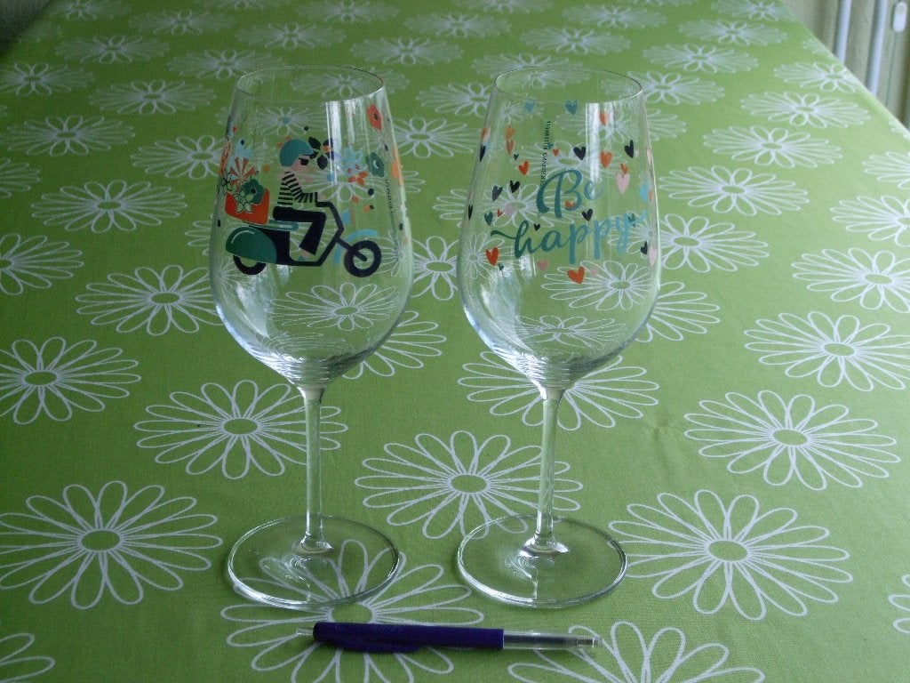 2 Ritzenhof grote wijnglazen - Be happy / Scooter, Ophalen of Verzenden, Zo goed als nieuw