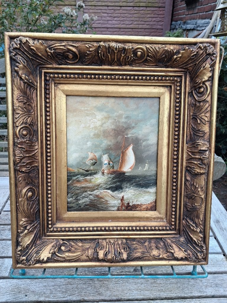 Maritiem zicht - Olieverf op paneel met sierlijst, Antiek en Kunst, Realistisch, Ophalen of Verzenden, Bijzondere lijst, Olieverf
